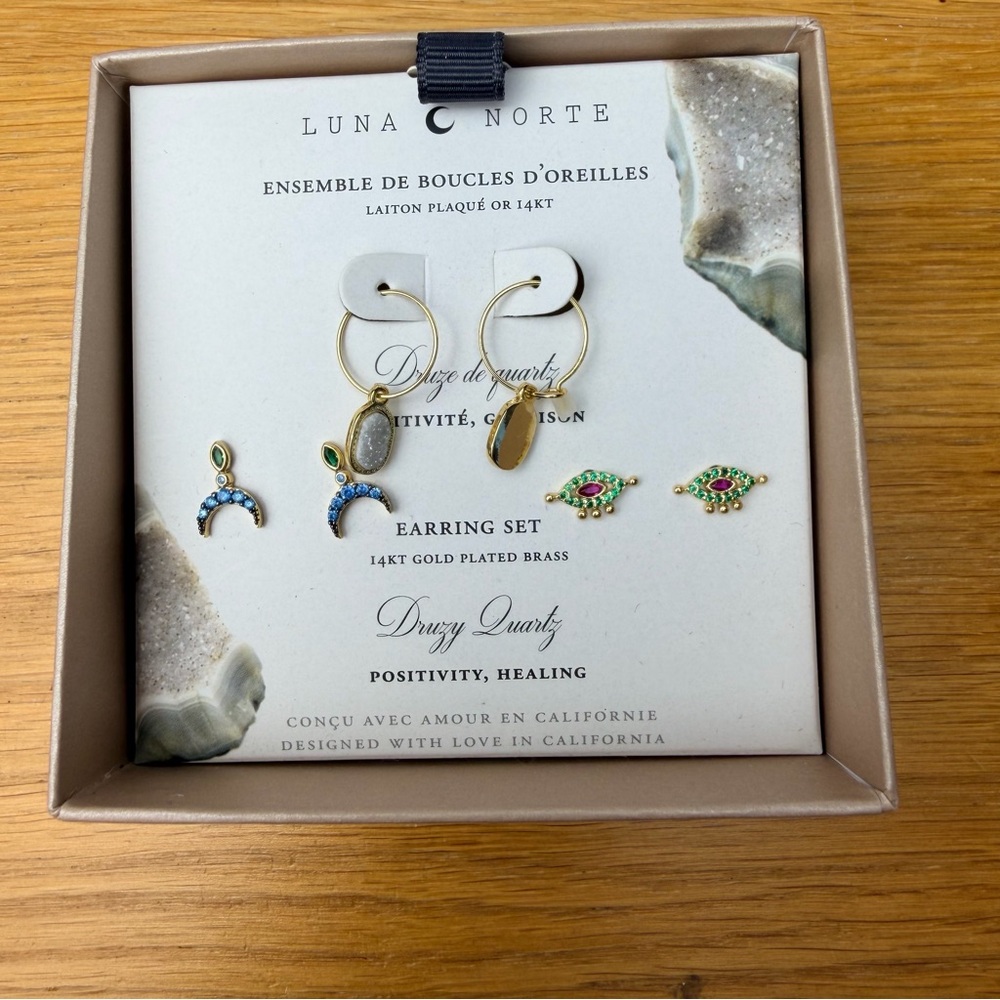 Luna Norte ensemble earring set made of 14KT gold-plated brass w drusy & stones